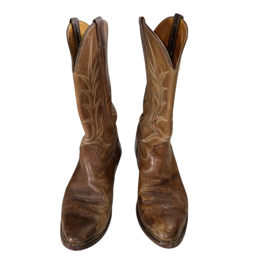 Nocona Mens Brown Leather Cowboy Boots 9.5 Distressed Western Pointed Mid Calf - Picture 9 of 11